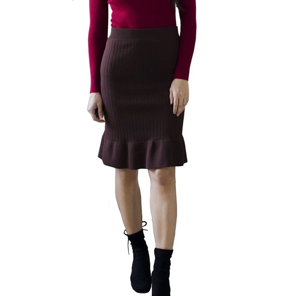 New Ladies Elastic Autumn Winter Women Skirts Office Wear Sexy Warm Ruffles Knitted Straight Skirt Mid-Long Bdoycon Skirt Female 210416