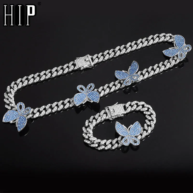 Hip Hop Iced Out Paved Rhinestones 13MM Full Miami Curb Cuban Chain With Butterfly Necklaces Bracelet For Men Jewelry X0509