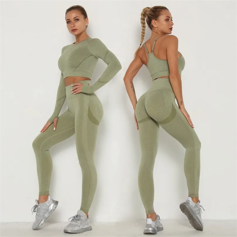 Seamless Yoga Set Women Gym Clothing Workout Sportswear Fitness Long Sleeve Crop Top Bra + Leggings 2 Piece Sports Suits 210802