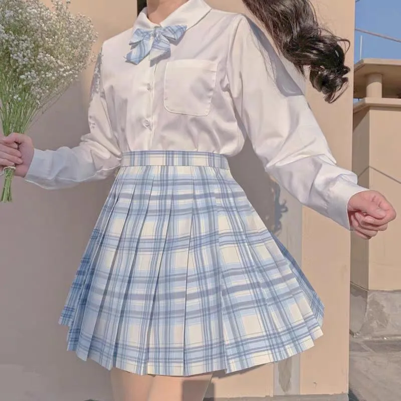 Clothing Sets: Japanese School Girls High Waist Pleated Skirts Blue Plaid  Women's Dress Long/Short Sleeve Jk Uniform