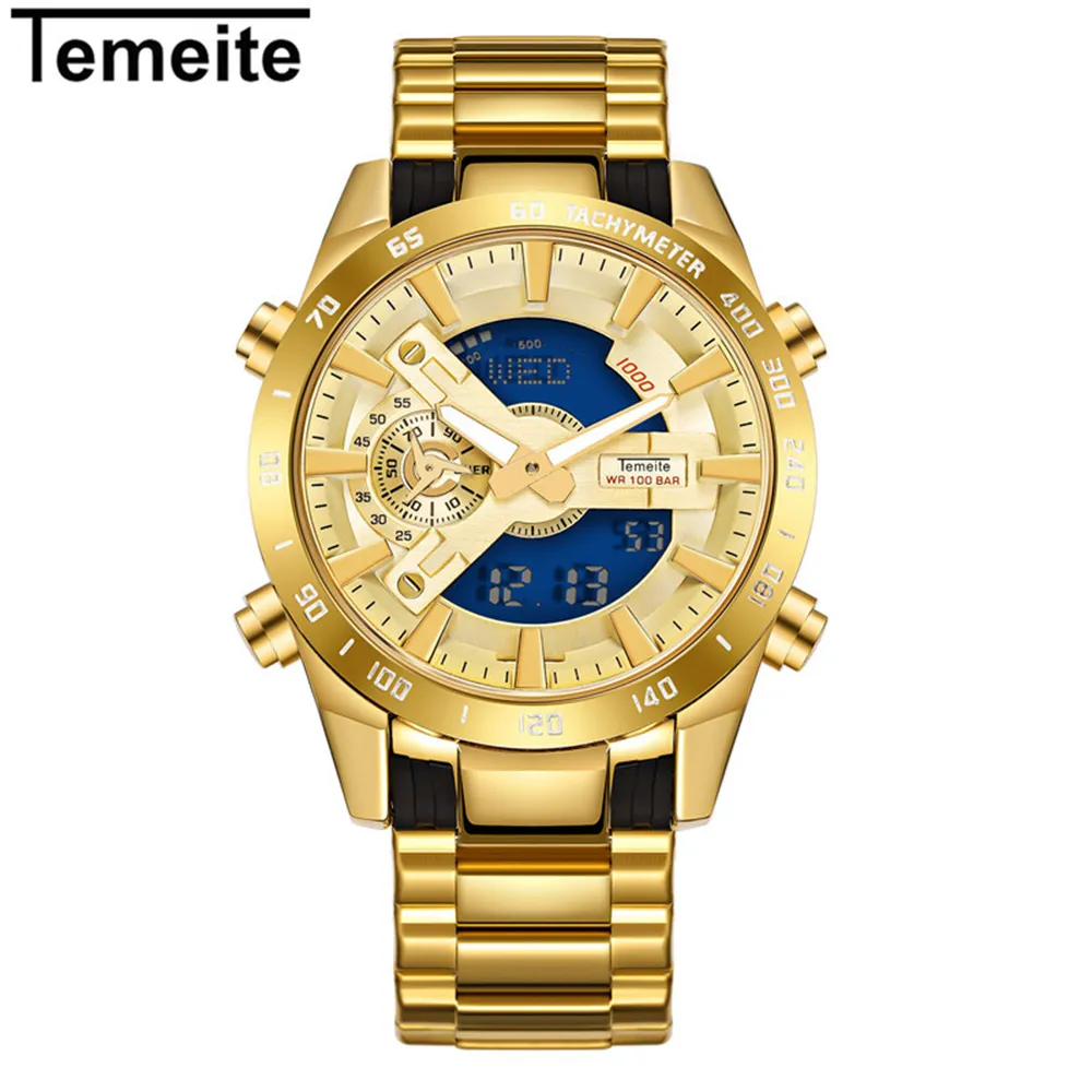 2022New Temeite Brand Gold Mens Quartz Watches Sport Digital Watch Men LEDデュアルディスプレイ腕時計防水ラミナスRELOGIO MAS271T