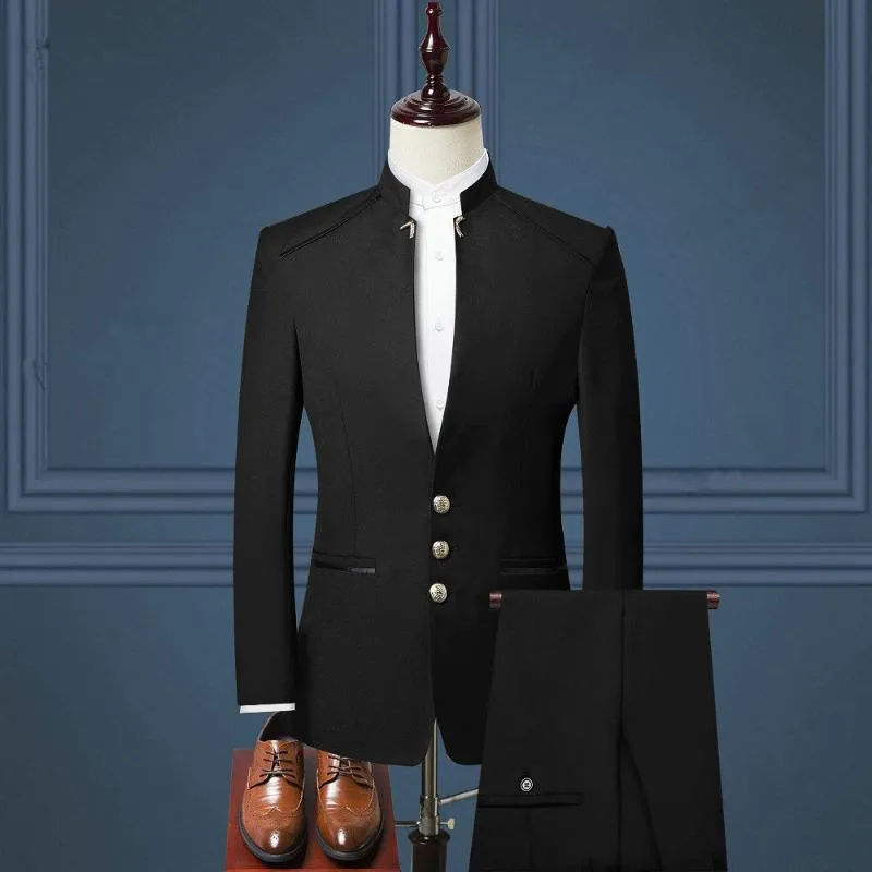 Design Navy Blue Men Wedding Suits Stand Collar Slim Fit Groom Tuxedos Male Dress Prom Man Blazer 2 Pieces Set Men's Blazer259K