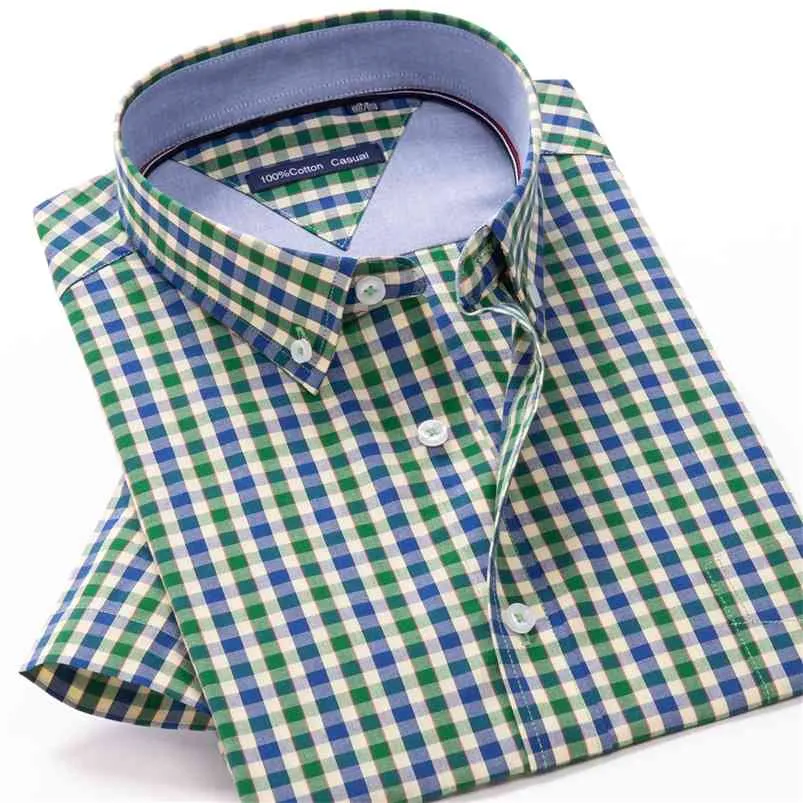 100% Cotton Summer Men's Short Sleeve Shirt Loose Casual Business Plaid Classic Daily Shirts Male Brand Plus Size 9XL 10XL 12XL 210721