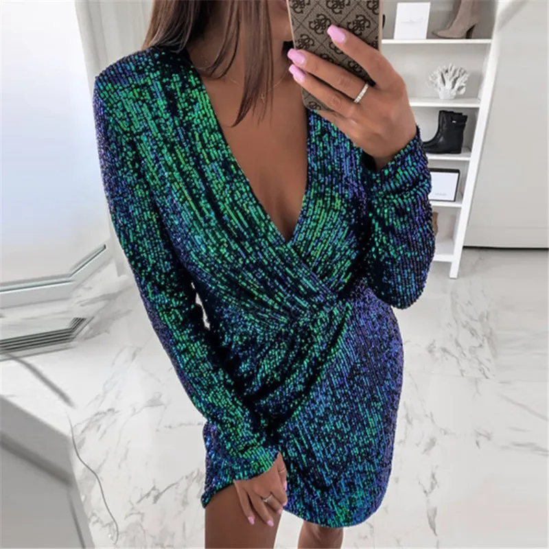 Green Sequined Mini Dress with V-Neck and Long Lantern Sleeves for Spring  Plus Size 5XL from Dhgate Basic & Casual Dresses - price 21.11