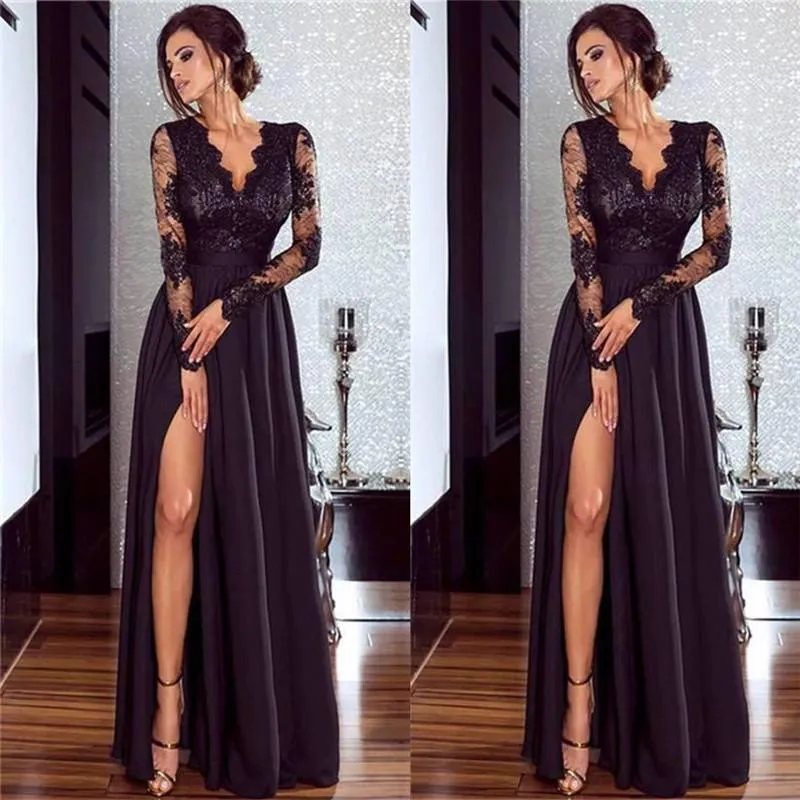 Casual Dresses Women Summer Spring Clothes Lace Long Sleeve V-Neck Party Formal Cocktail Wedding Dress Regular Size Pullover Polyester