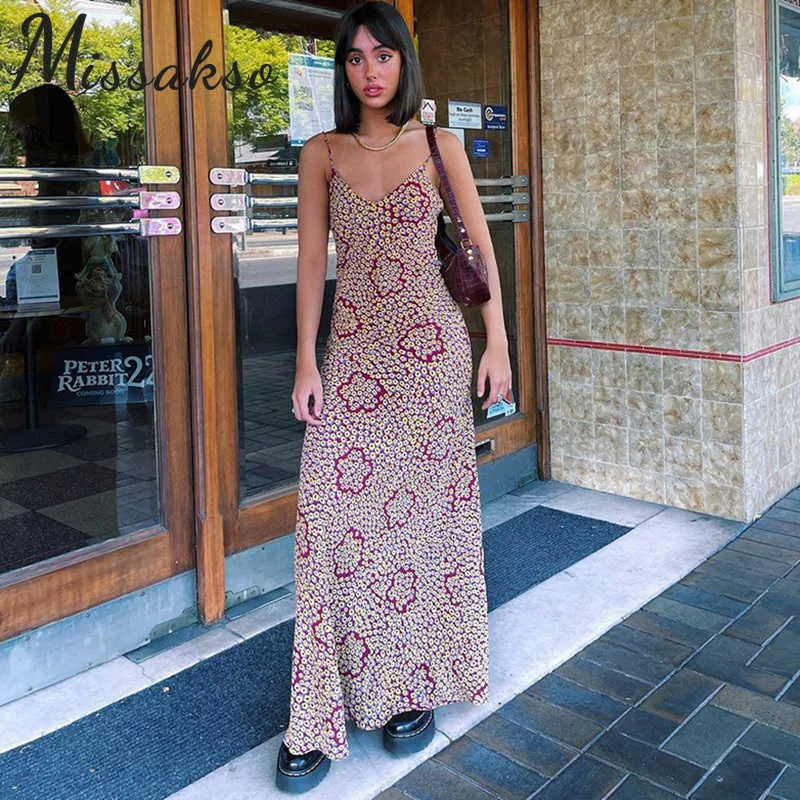 Missakso Floral Print Boho Dress Holiday Beach Summer Red Women Casual Elegant Backless Spaghetti Strap Maxi Dresses 210625