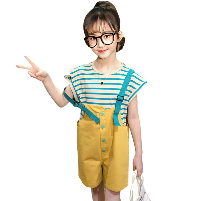 子供服ストライプTシャツ+ジャンプスーツ服女の子パッチワークの女の子セット夏の子供の210528