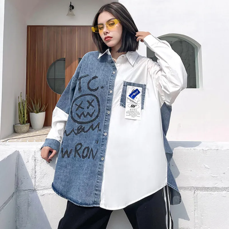 Herfst Stitching Color Vrouwelijke Blouse Plus Size Letter Print Dames Casual Shirt Jas Denim Patchwork 210510