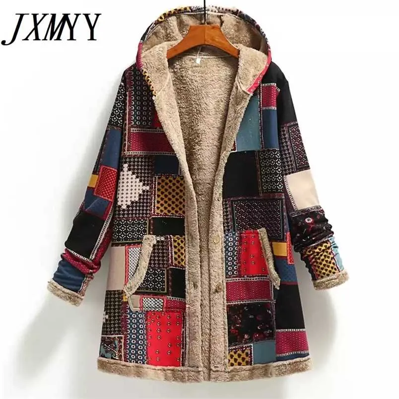 Winter Vintage Women Coat Warm Printing Thick Fleece Hooded Long Jacket with Pocket Ladies Outwear Loose Coat for Women 211106