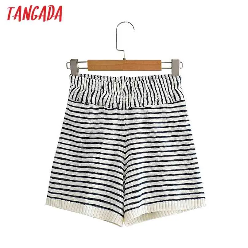 Tangada Kvinnor Elegant Striped Stick Shorts Strethy Midja Kvinna Retro Basic Casual Pantalones AI42 210719