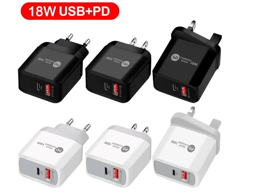 18 Вт USB C PD Настенное зарядное устройство Быстрый зарядки адаптер адаптера Тип-C Зарядка QC 3.0 US US Быстрая зарядка для смартфона