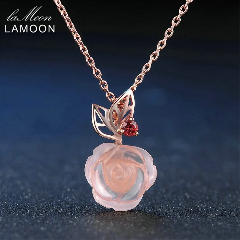 Lamoon Rose Flower 925 Collar de plata esterlina Collar de piedras preciosas de cuarzo 18k Joyería fina chapada en oro LMNI025 220222