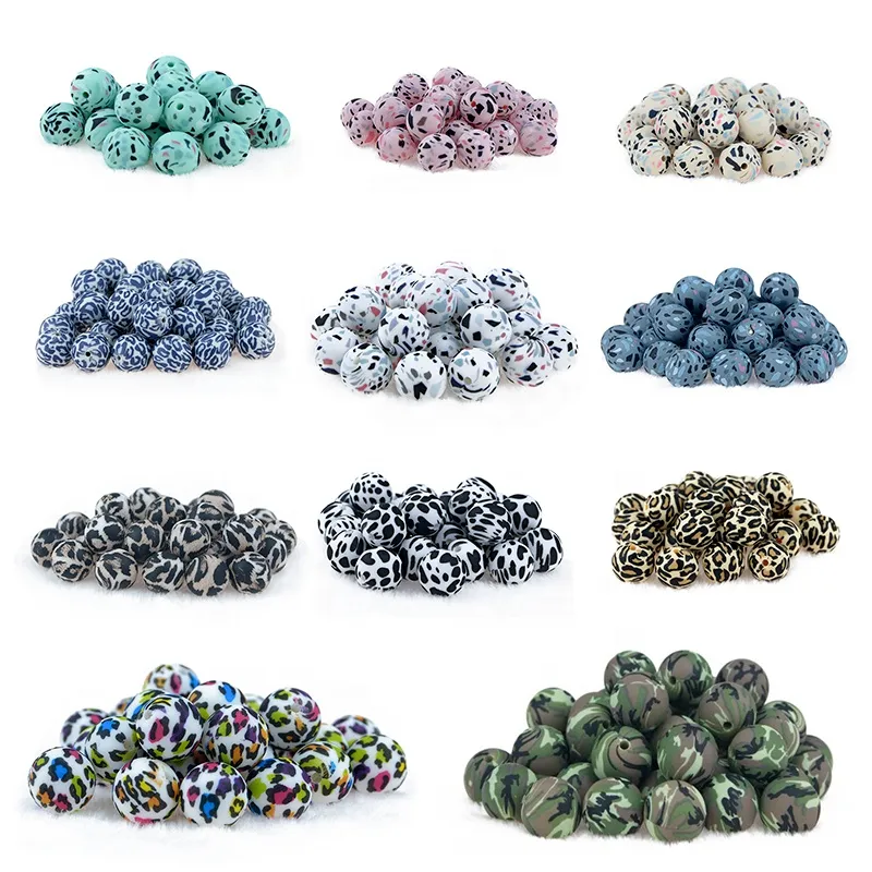 12mm 15mm redondo contas de silicone de alimentos Terrazzo Leopardo Imprimir Beething Beads Bebê Chewable Teether DIY Enfermagem Jóias Solta Bead