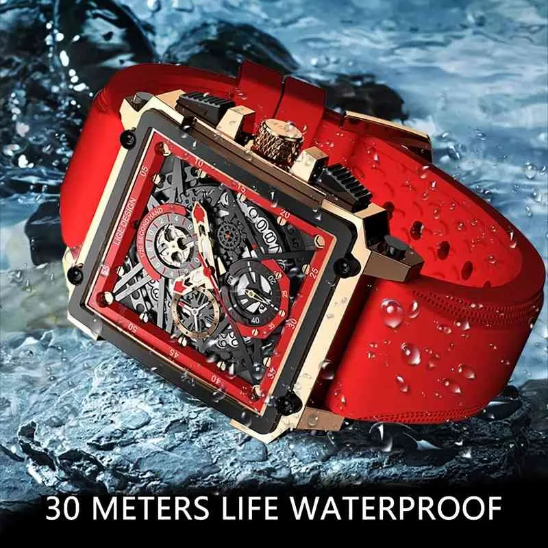 Lige Siliconen Mannen Horloges Topmerk Luxe Waterdichte Quartz Square Watch voor Mannen Datum Sport Klok Mannelijke Relogio Masculino 210517