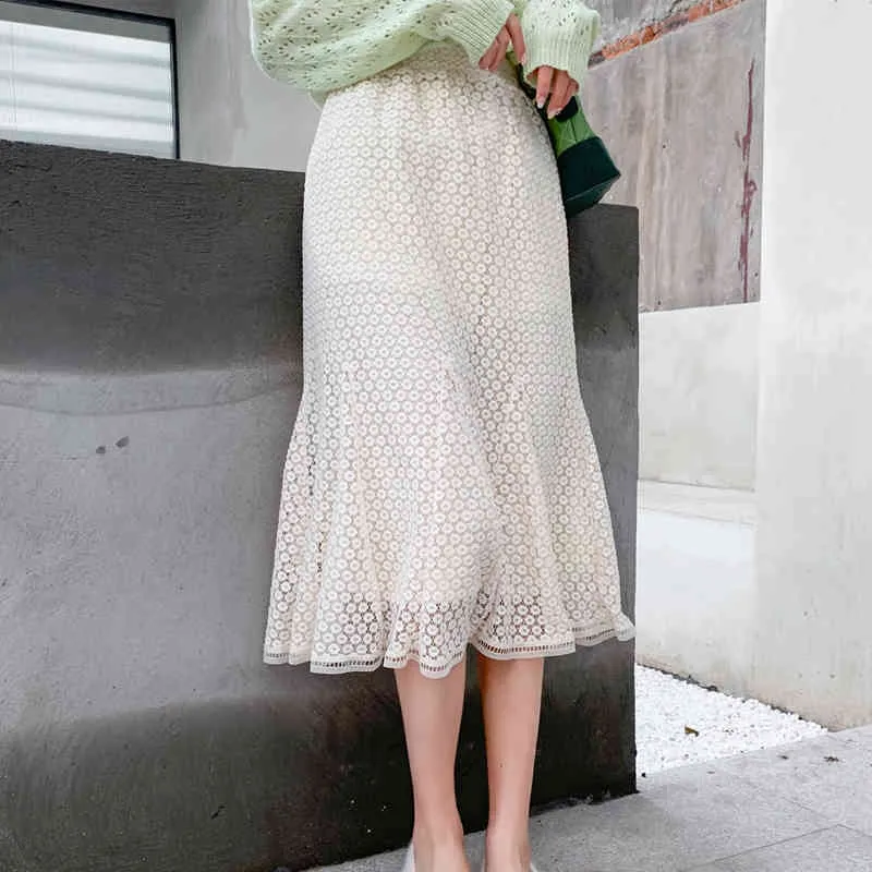 Black Lace High-Waisted Midi Skirt: Elegant Korean Style for