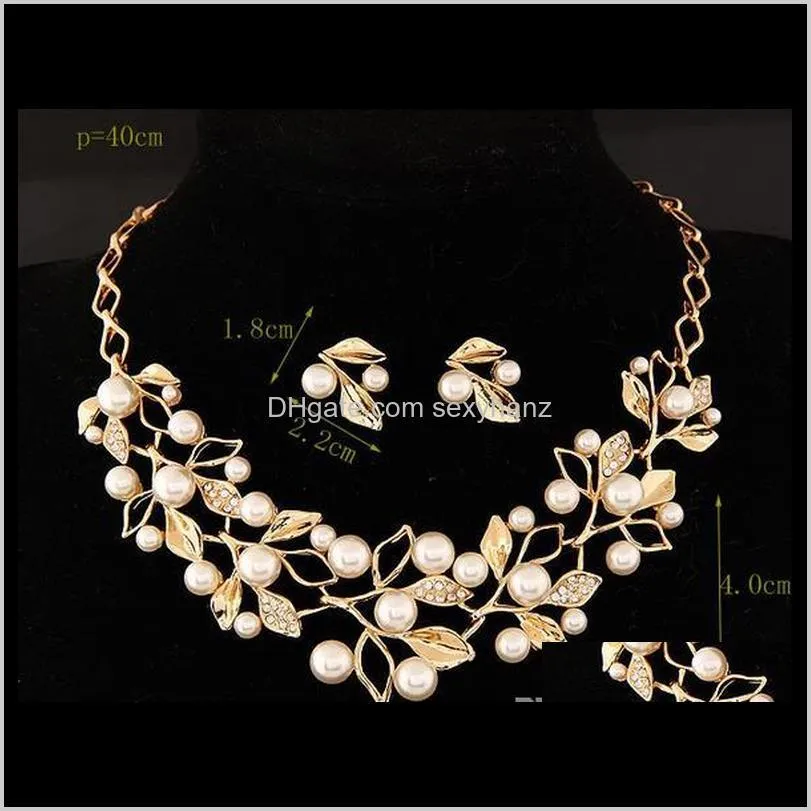 silver gold color crystal bridal jewelry sets leaf shape choker necklace earrings wedding jewelry for women engagement pearl