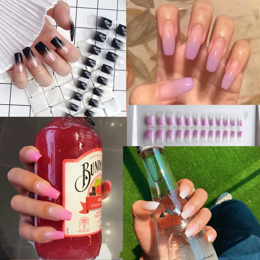 24 pcs Long Square Ballet Baga Roxo Preto Gradiente Falso Prego Usando Ins Nail Art Terminado Prego Patch com Design Caixão Completo