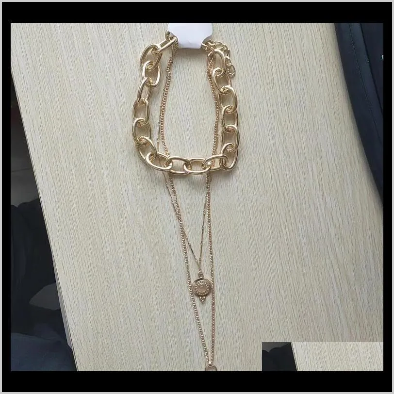 personalized punk design 18k gold plated women heavy chain lock pendant necklace with coin charm fashion layered necklace