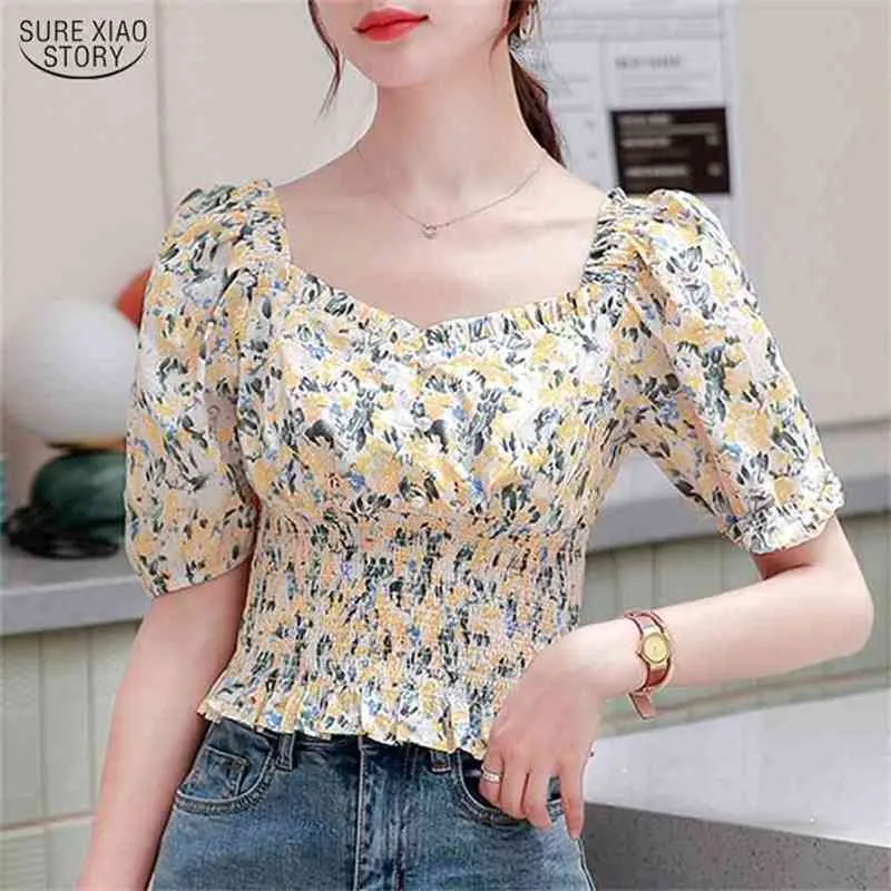 Koreansk stil puffhylsa blusar Wome Blusas Mujer de Mona n Slim Waist Kvinna Toppar Casual Tryckt Chiffon 10213 210506