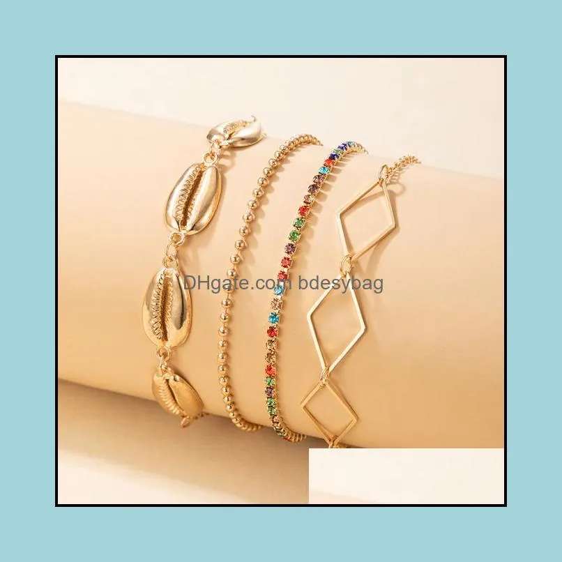 4pcs/sets Summer Shell Gold Color Anklet for Women Luxury Colorful Rhinestone Geometric Foot Chain Adjustable Jewelry