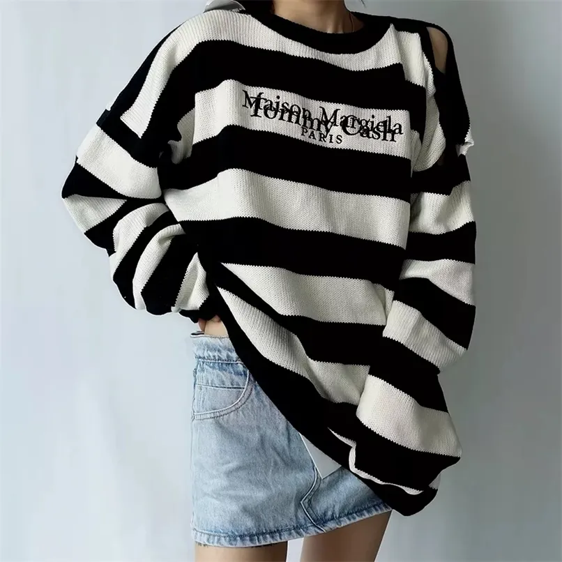 Women Sweater Pullovers Autumn Winter Streetwear Embroidered Letters Stripes Casual Loose Couple Clothes Korean Top ins 211221