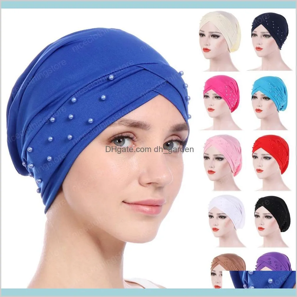 Women Beads Elastic Turban Hat Muslim Chemo Cap Arab Hair Loss Head Scarf Wrap Cover Skullies Beanies Random Color Wv7Wz Beanieskull C Kzauz