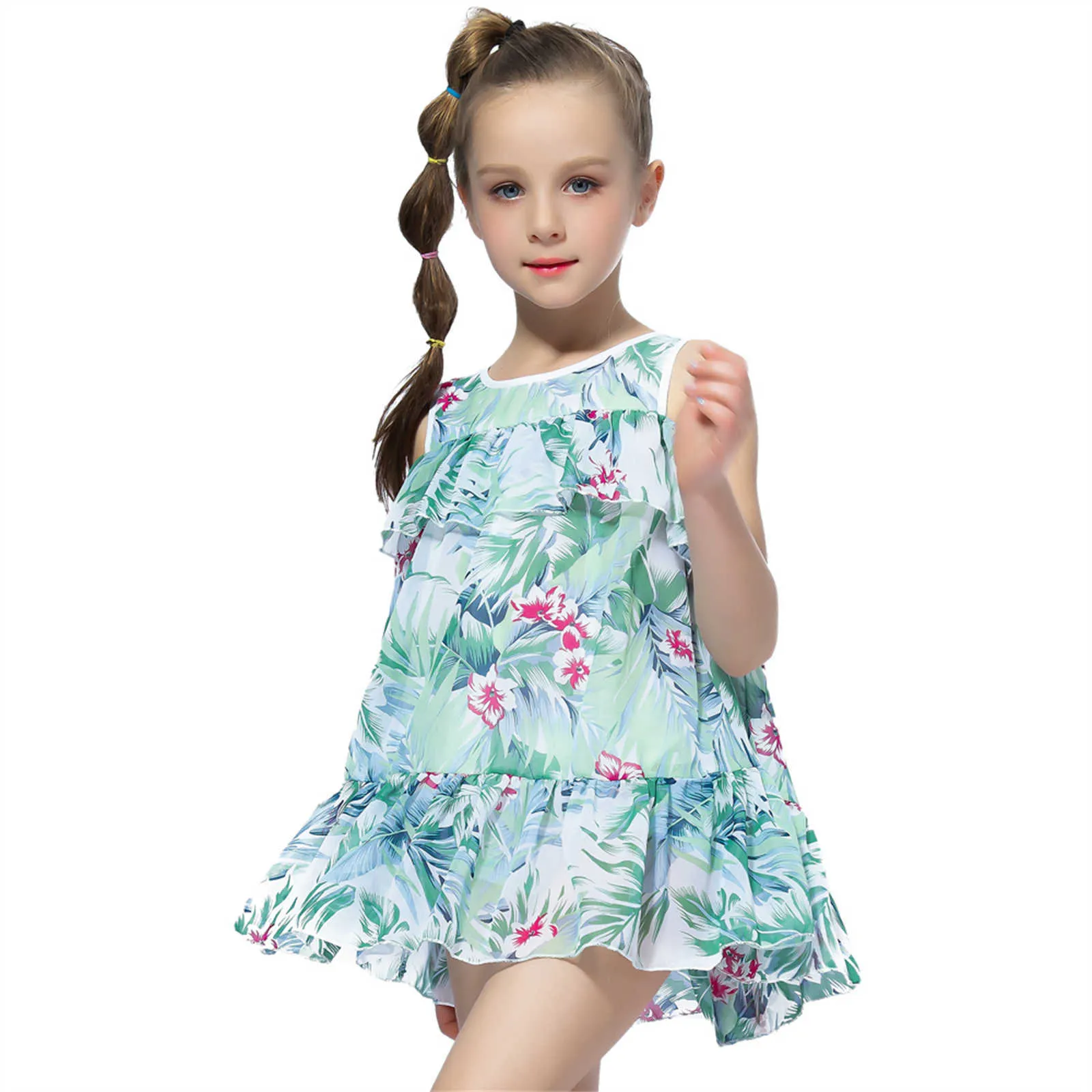 2021 Girls Dress Summer Europe and America Teen Kids Bez Rękawów Wzburzony Kwiatowy Drukowane Czechy Odzież księżniczka Dress na imprezę Q0716