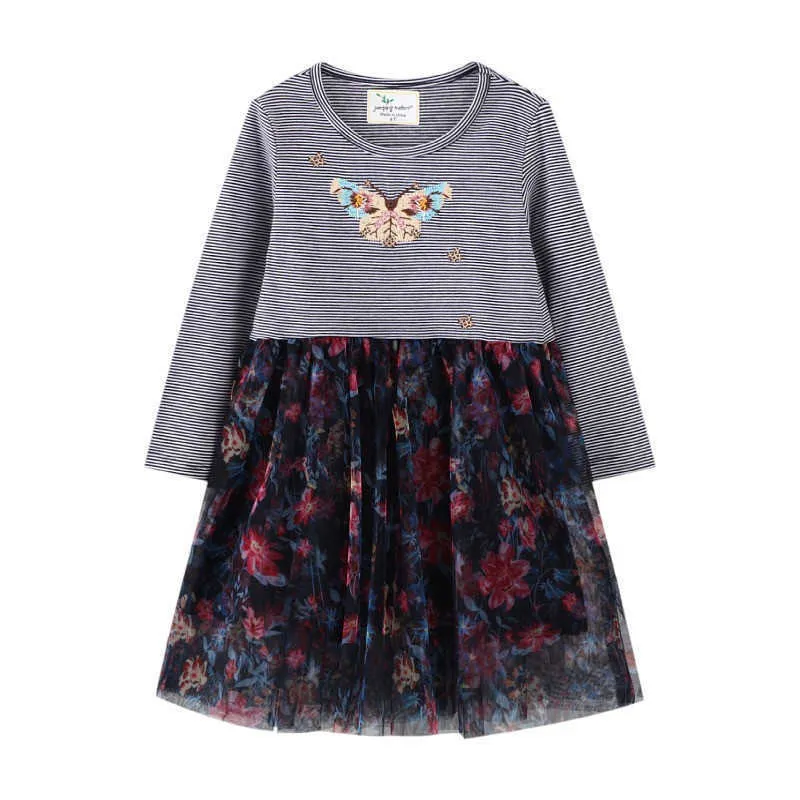 Jumping Meters New Automne Printemps Filles Dresse Papillon Broderie Vente Chaude À Manches Longues Enfants Stripe Vêtements Maille Porter G1026