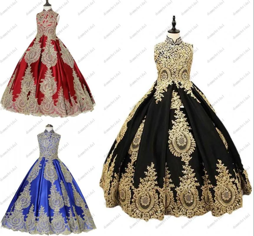 Meisjesjurken 2021 Vintage Gouden Borduurwerk Kant Prinses Zwart Koninklijke Blauwe Bourgondië Cupcake Meisjes Pageant Bloem Meisje Corset