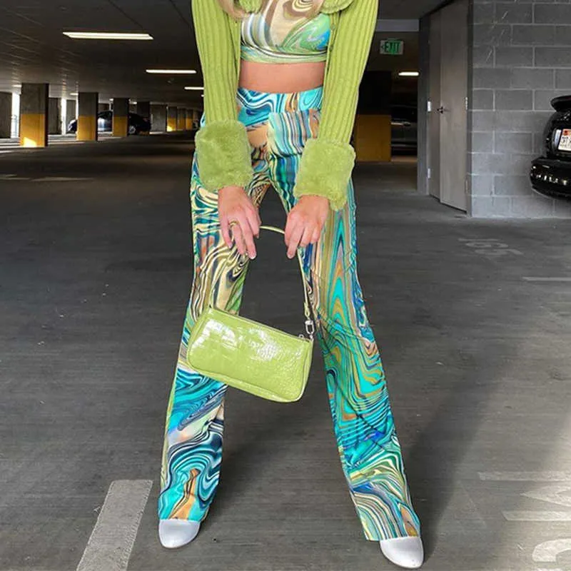 PaisleyがプリントY2Kパンツ女性ファッションシック2021TIE染料夏のカジュアルな長いハイウエストのズボンのための女性の汗をかいたカプリスQ0801