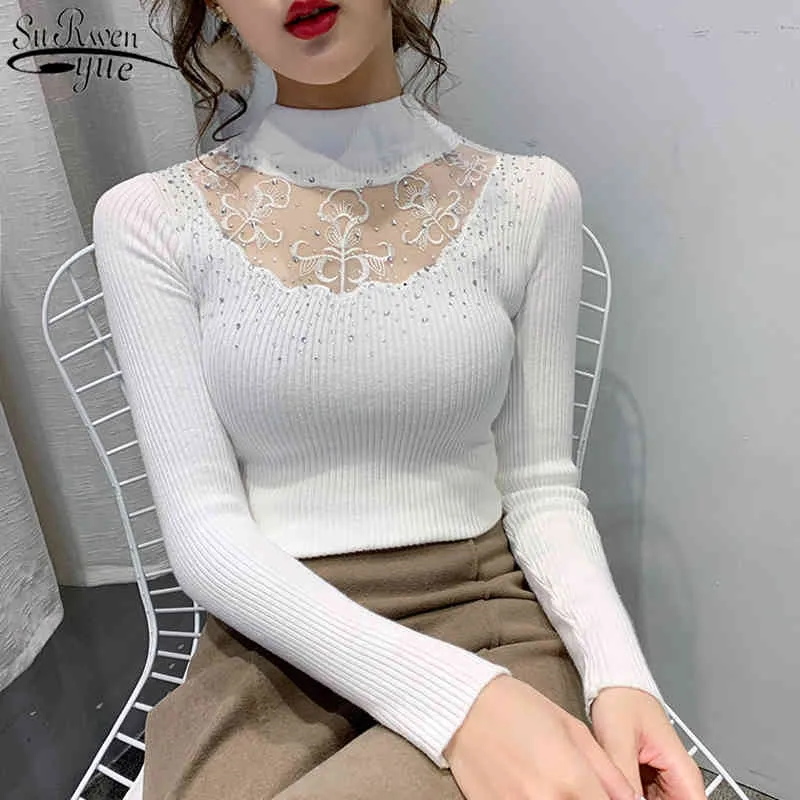 Women's Knitwear Solid Long Sleeve Bottoming Shirts Autumn and Winter Women Half-turtleneck Lace Hollow Pullover 11565 210427