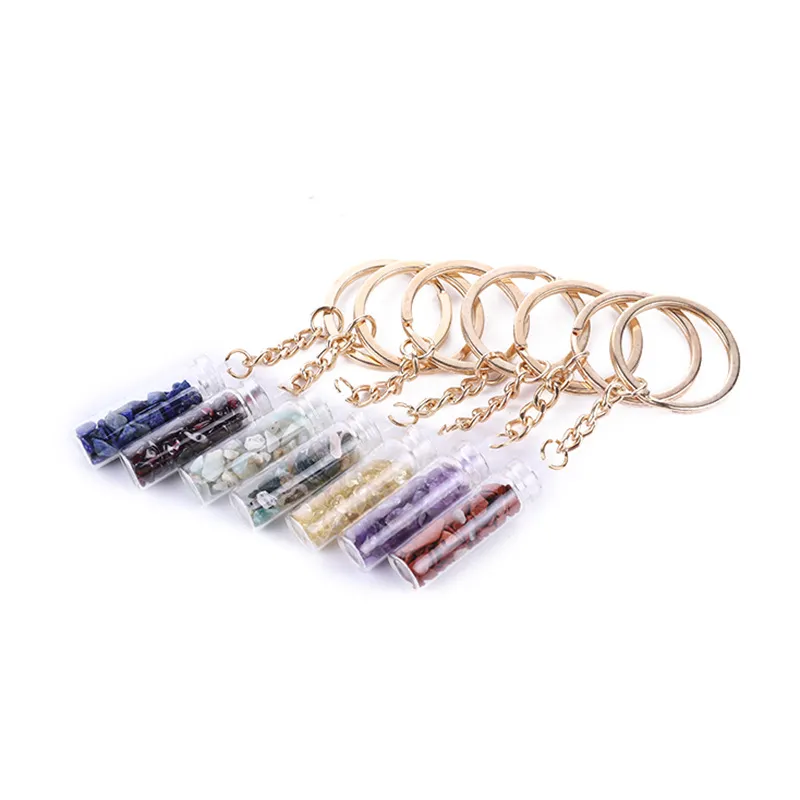 Natural Crystal Stone Glass Bottle Mini Pendant Key Rings Handmade Energy Lucky Keychains For Women Men Lover Jewelry Bag Decor