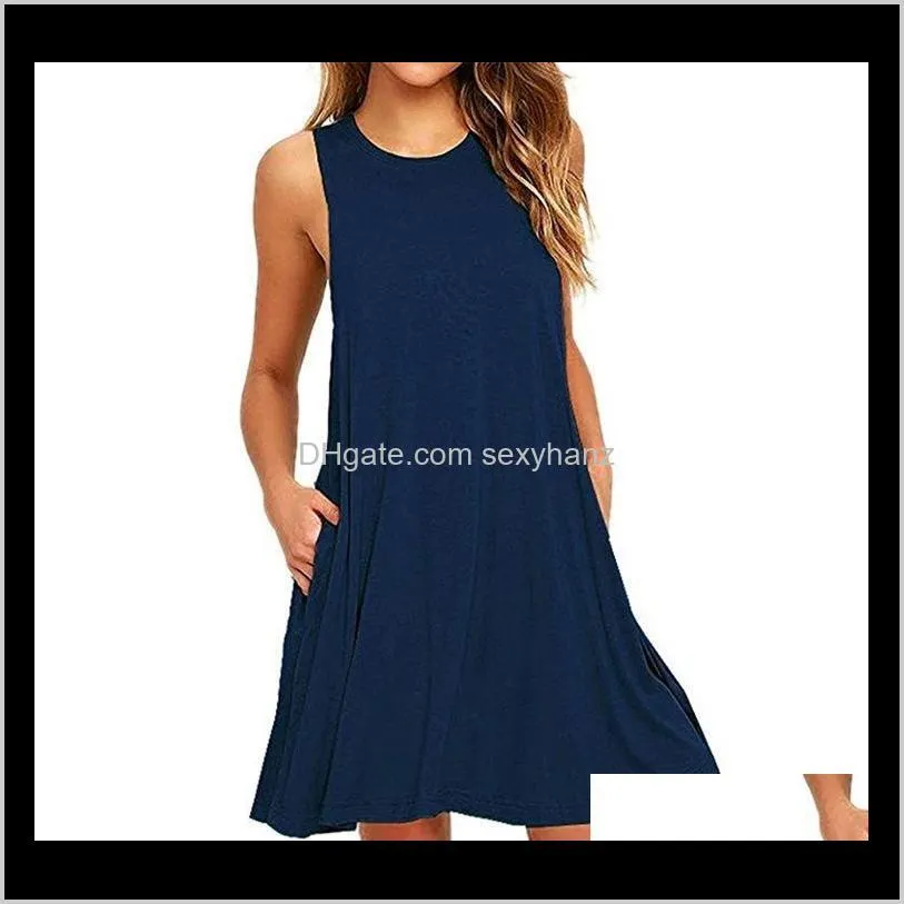 summer casual women pockets cotton t-shirt sleeveless new loose solid tank dress o-neck plus size women mini dress vestidos