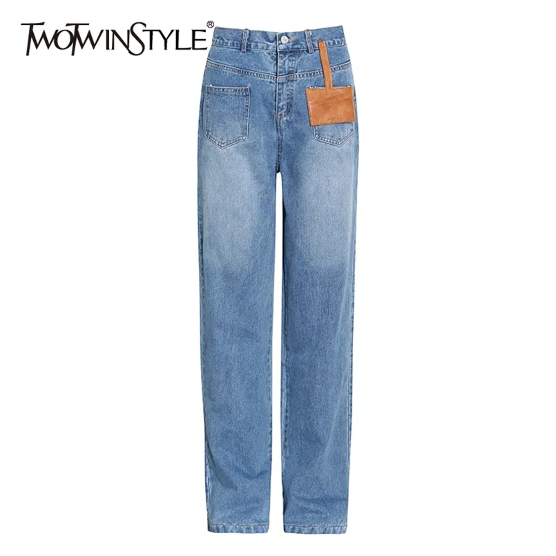 Синие прямые широкие брюки для женщин высокая талия полная длина случайные свободные минималистские джинсы женские падение 210521