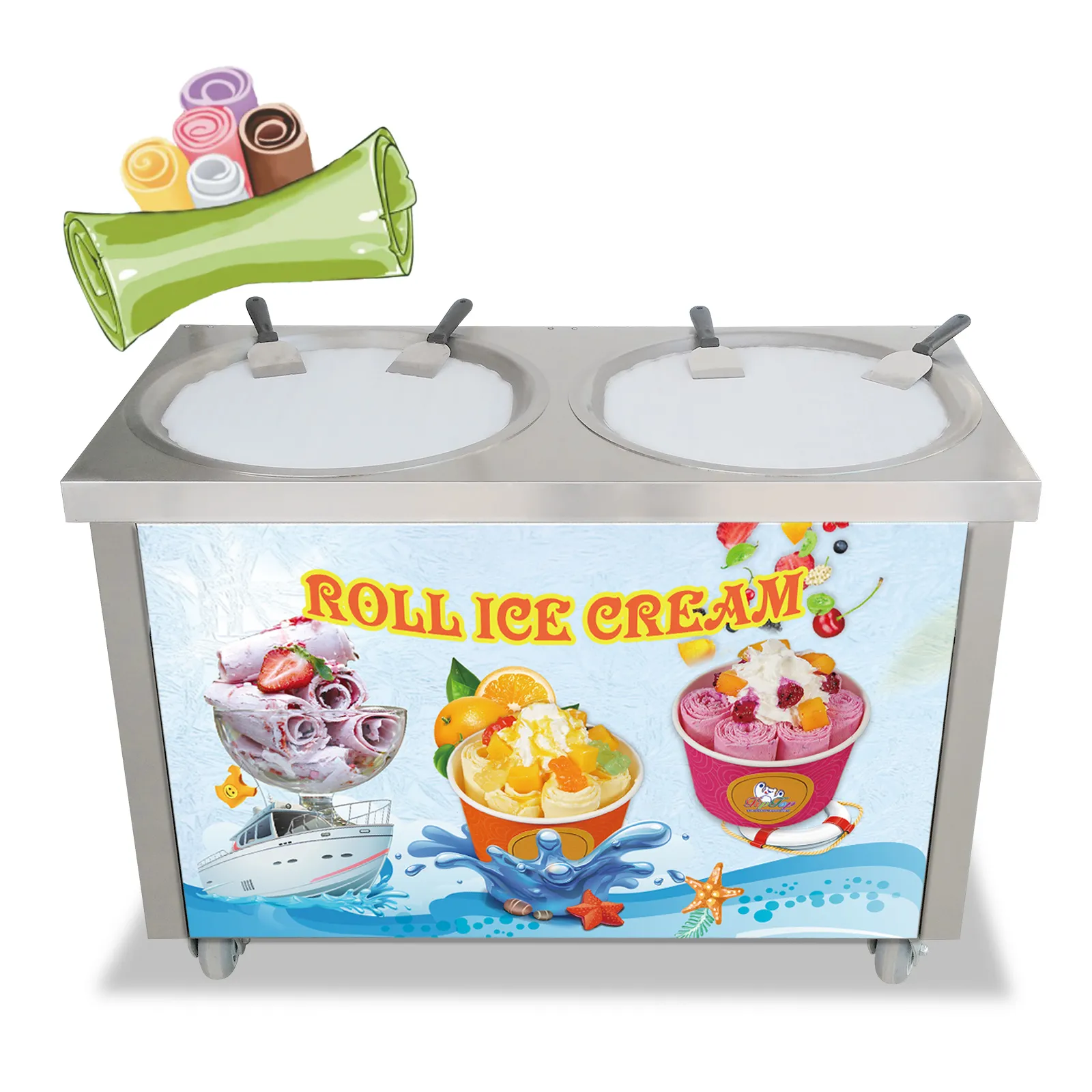 Expédition gratuite à porte USA Kitchen Equipment etl CE Double Round Pans 55 cm Machine de crème glacée Fried Roll Instant Roll instantanée