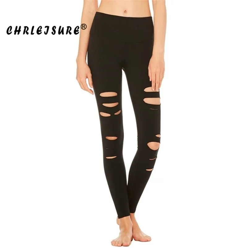 CHRLEISURE Moda Delik Tayt Kadınlar Siyah Pantolon Pantolon Spor Legging Esneklik Yüksek Bel Egzersiz Streetwear 210925