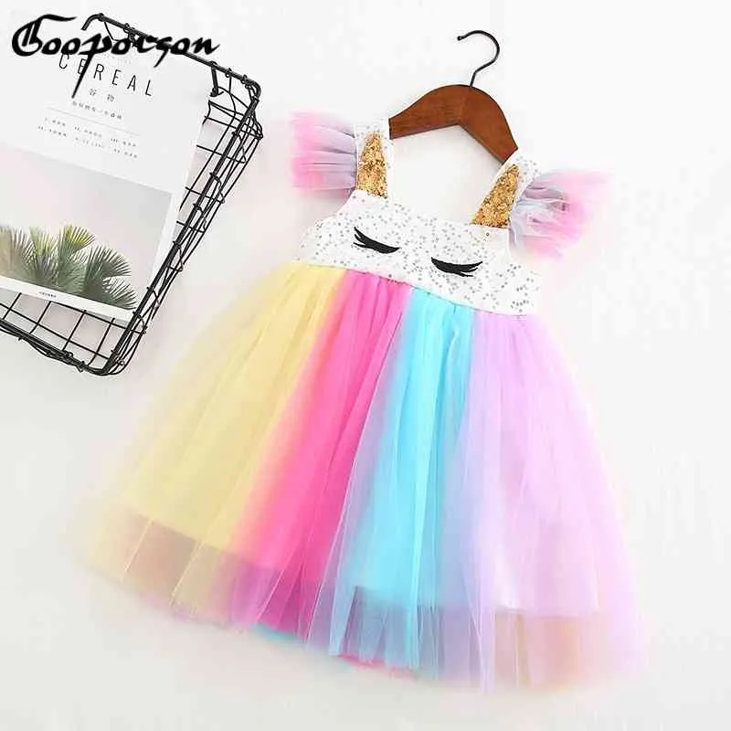 Girl's Dress Girls Eyelash Sequins Petal Sleeves Rainbow Cute Lovely Unicorn Princess Tutu Toddler Girl 210508