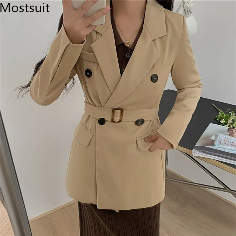 Double-breasted Belted Blazer Women Korean Fashion Office Jacket Coat Spring Elegant Ol Style Ladies Suit Femme 210518