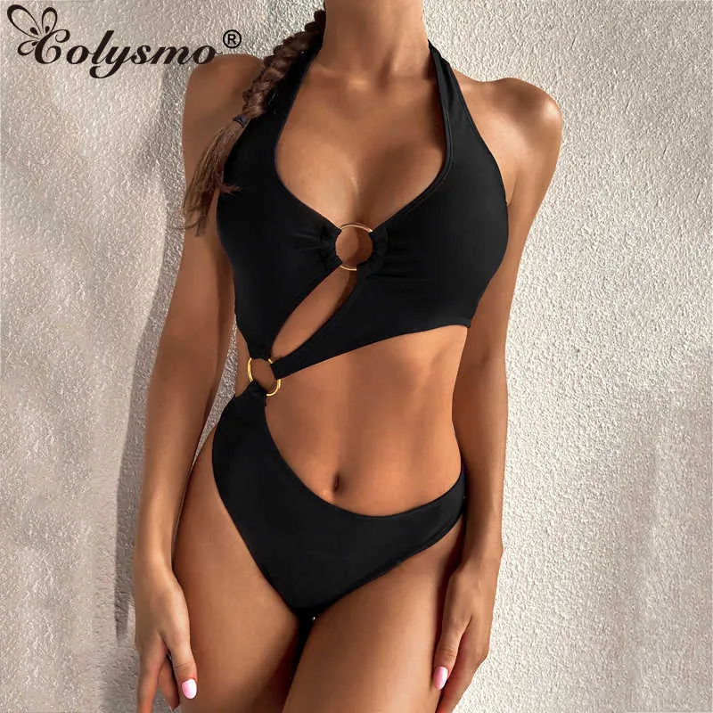 Colysmo Summer Beach Traje de baño Mujeres Tie Up Halter Cut Out Ring Color Sólido Push Bra y Panty Set Lady Sexy Bikini de cintura alta 210527