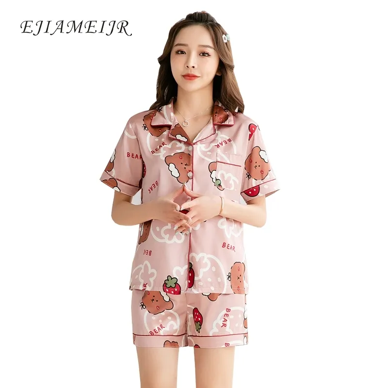 Sommar kortärmad silke pyjama uppsättning för kvinnor två stycken lapel pyjamas sätter nattkläder damer shorts söta pjs 210622