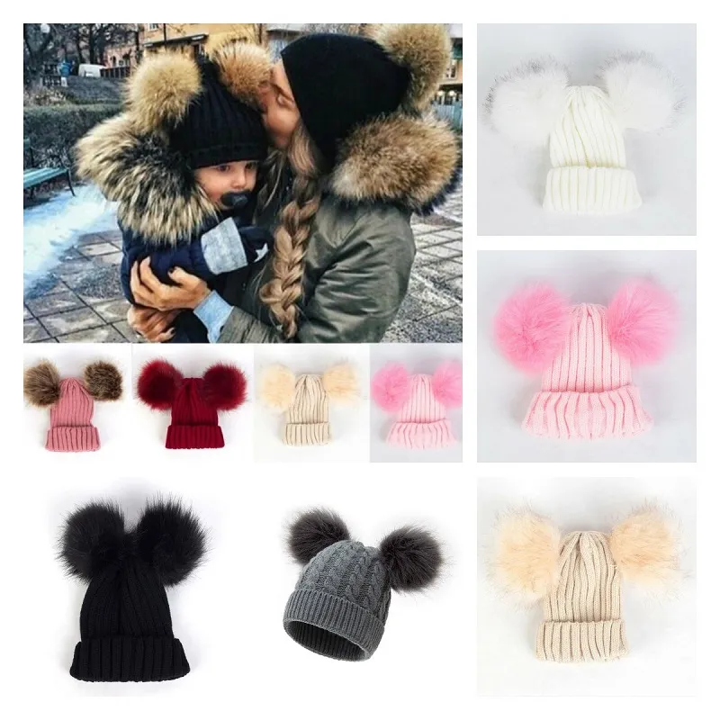 Dziecko Akcesoria Akcesoria Czapka Czyste Kolory Toddler Dzieci Dziewczyna Chłopiec Dziecko Niemowlę Zima Ciepła Szydełkowa Dzianina Kapelusz Futro Balls Beanie