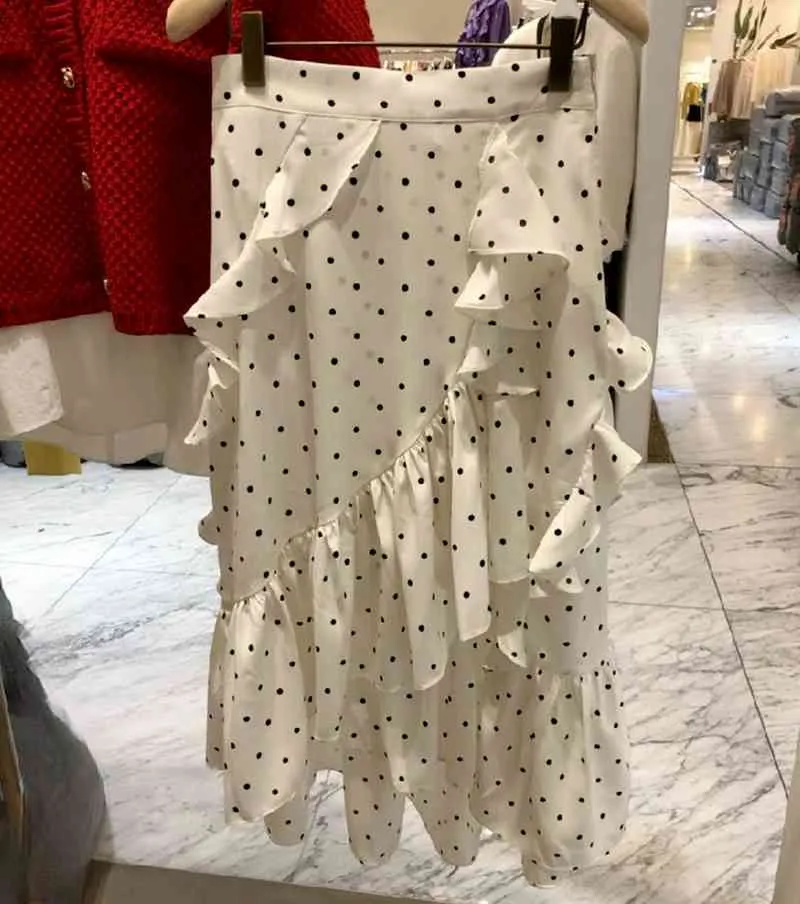 Koreaanse mode polka dot rokken voor vrouwen zomer zoete ruches spliced ​​faldas mujer knielange feminino jupe 210514