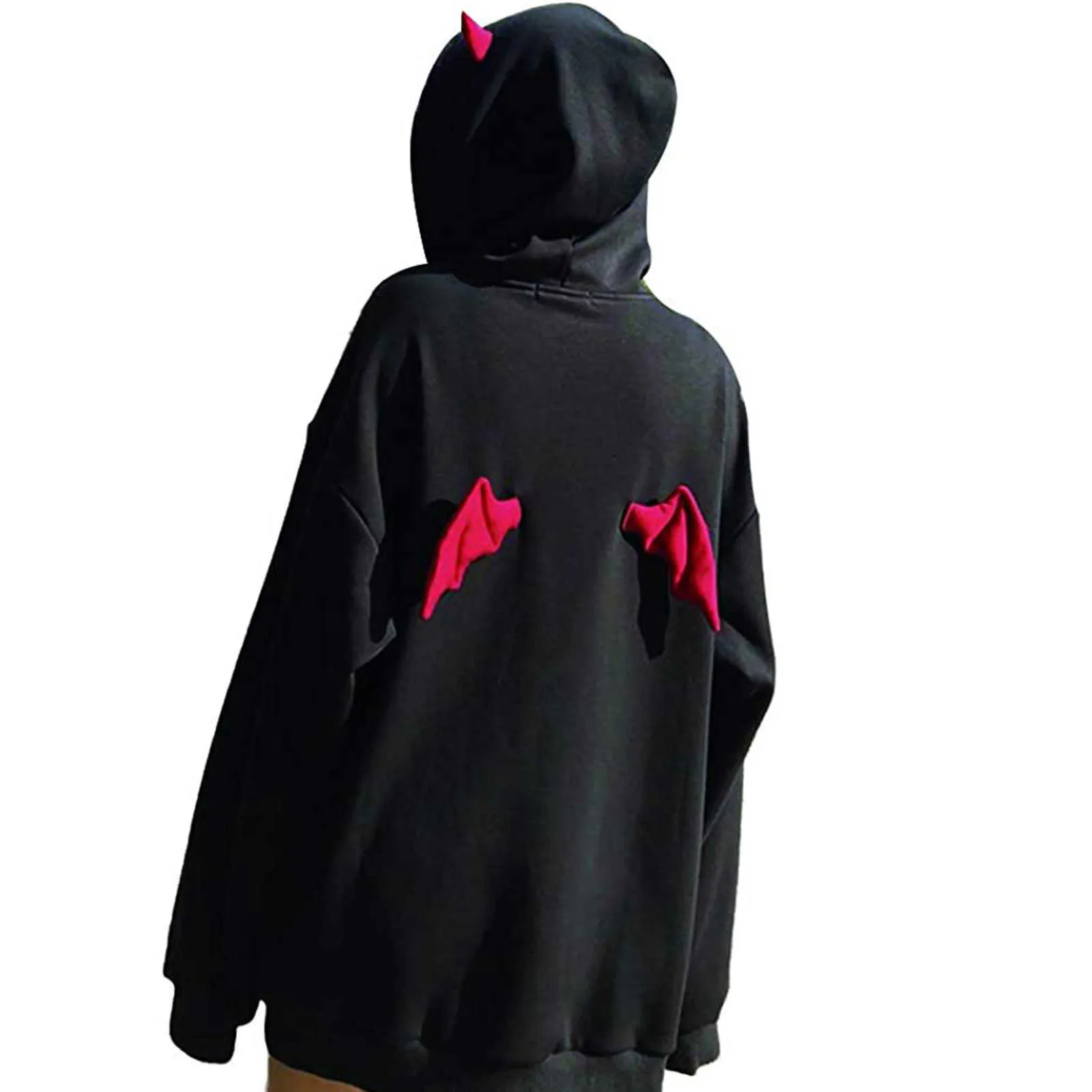 Harajuku Hoodies Menina Little Devil Horns Gótico Com Capuz Moletons Mulheres Demônio Fly Wings Solta Pullovers Bolso Tops Streetwear Y0820