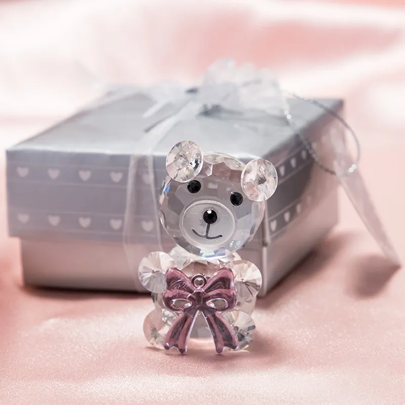 50st baby shower gynnar kristall nallebjörn prydnad med rosa bowknot i presentförpackning för flicka födelsedag souvenir nyfödda dop souvenirer