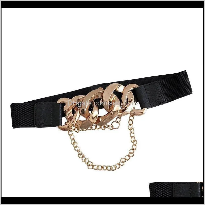 Gold Big chain buckle tassel belts for women coat solid wide elastic waistbands dress black stretch cummerbund party accessories