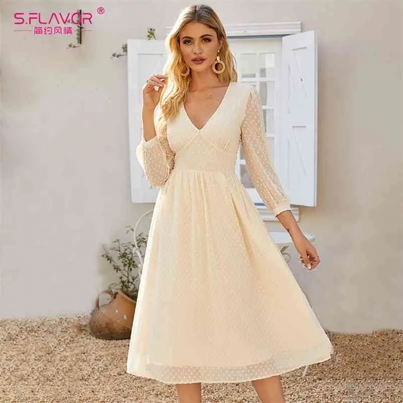 S.FLAVOR V-Ausschnitt Chiffon Sommer Midi Kleid für Frauen Bohemian Style Slim Party Vestidos de Fashion Beach A-Linie Sommerkleid 210623
