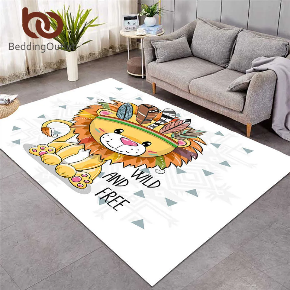 Beddingoutlet Lion Stor matta för vardagsrum Geometrisk tecknad filmspel Golvmatta Tribal Animal Area Rug Kids 152x244cm 210626