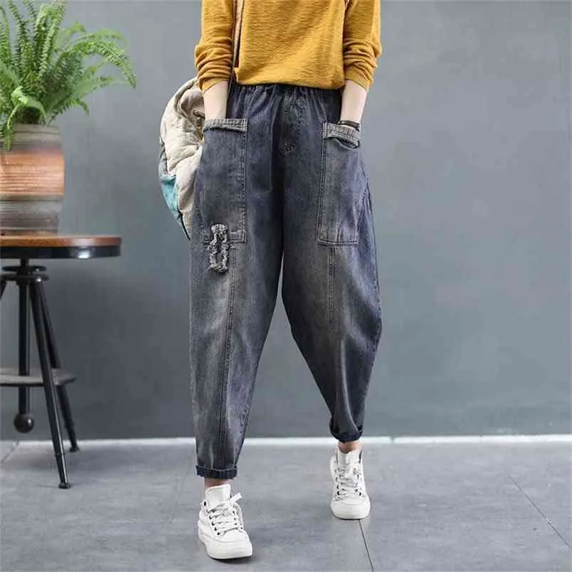 Frühling Herbst Kunst Stil Frauen Elastische Taille Lose Vintage Jeans Femme Baumwolle Denim Harem Hosen Plus Größe M655 210512
