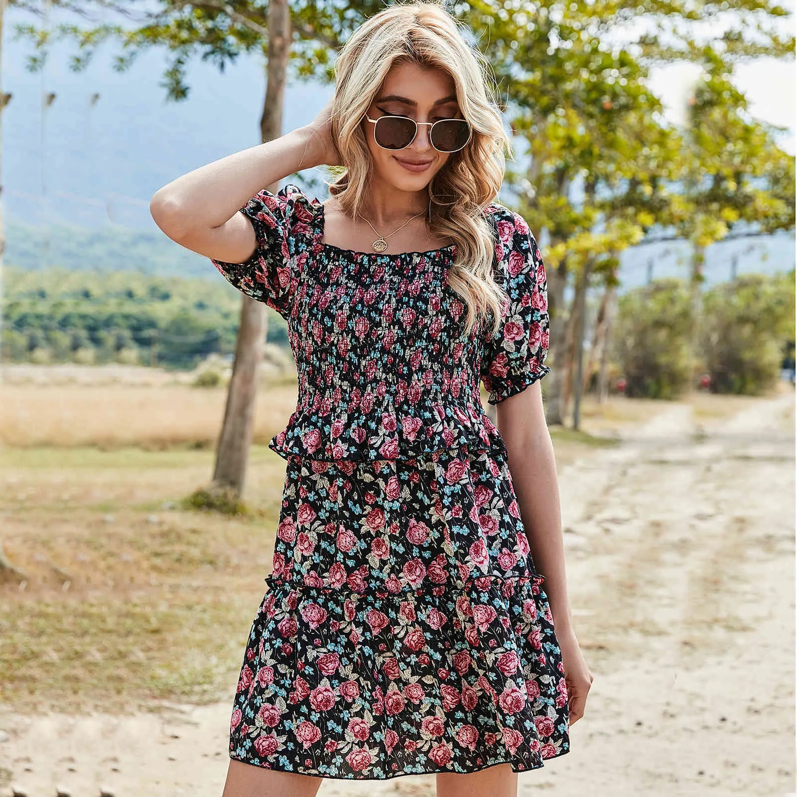 Square Neck Puff Sleeve Chiffon Knee-Length Dress with Ruffles and Hooded  Collar from Dhgate Basic & Casual Dresses - price 41.79