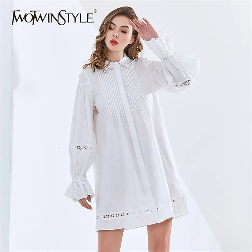 Свободное пэчворк плиссированные платье для женщин отвороты с длинным рукавом повседневные элегантные белые платья женская мода одежда 210520